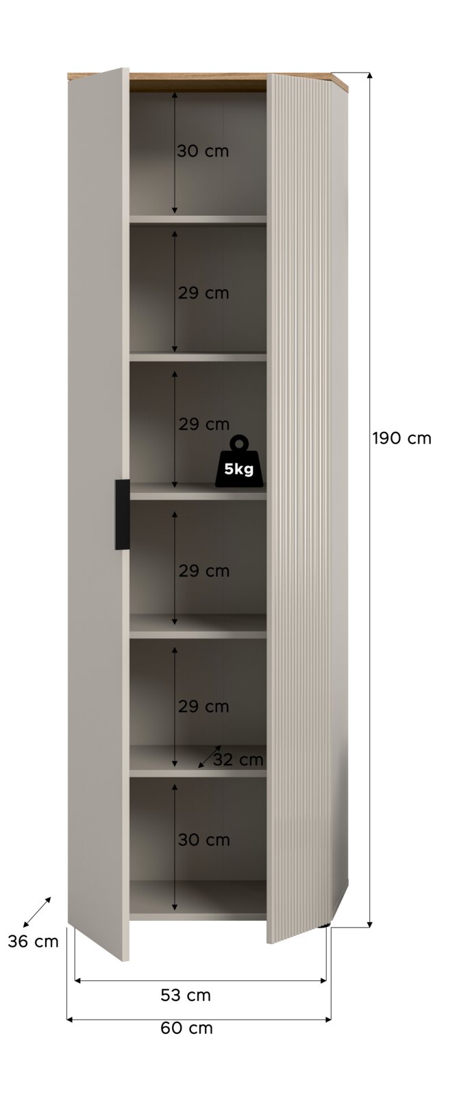 Garderobenschrank mit fünf Fächern, 190 cm hoch, 60 cm breit, 36 cm tief, mit geöffneter Tür von vorne betrachtet.
