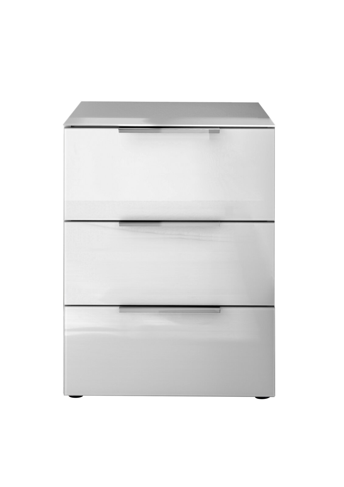 BOXXX Nachtkommode SANTORINI Edelstahl-Schubladenschrank mit drei Auszügen und flachen Griffleisten, freistehend, Frontansicht auf weißem Hintergrund