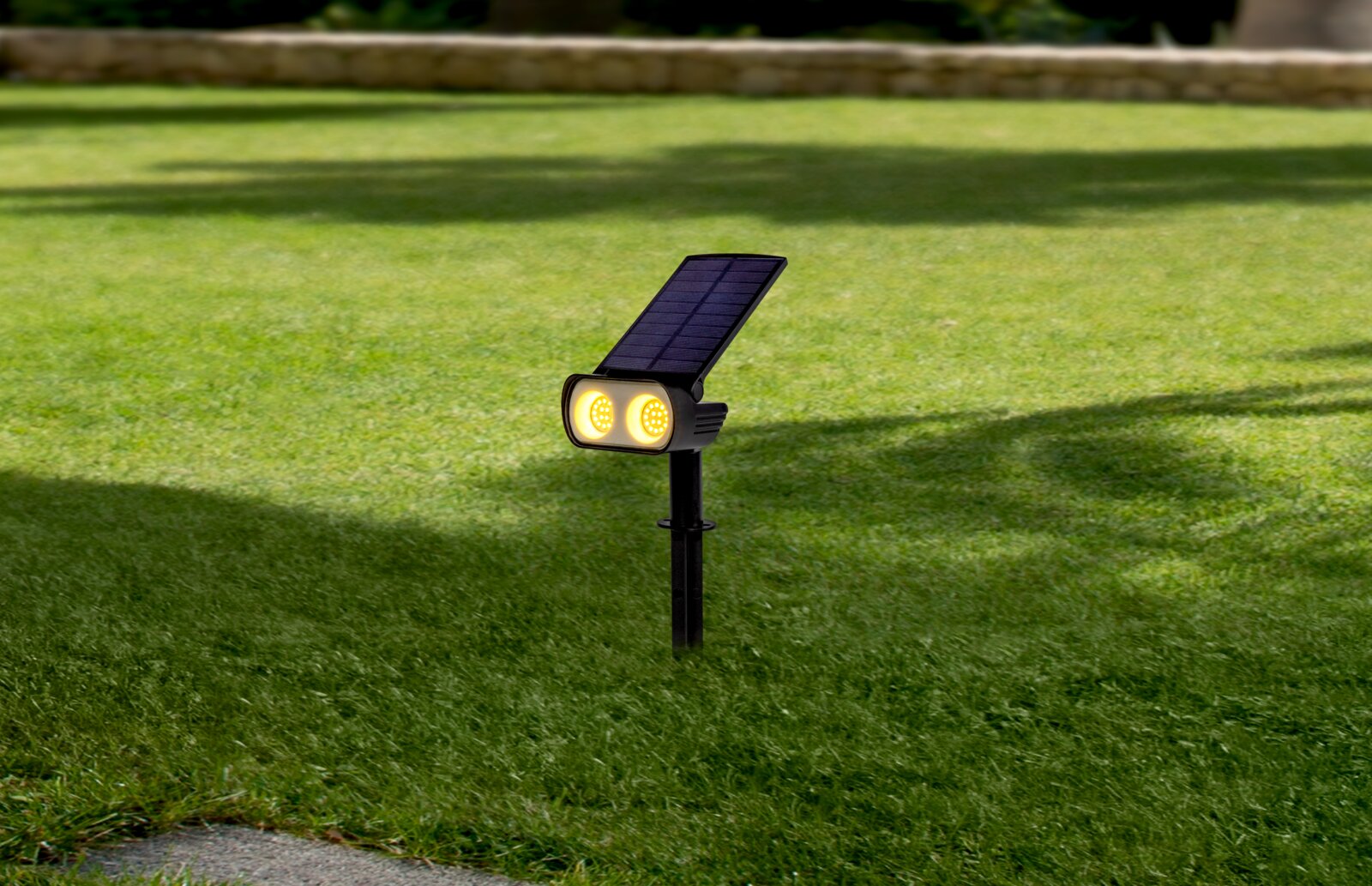 Ambia Garden Zonne-lamp SOLARLEUCHTE Zonne-lamp met twee gele ledlampjes en een zonnepaneel, gemonteerd op het gazon, zijaanzicht