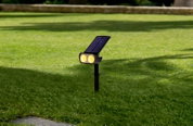 Solarleuchte mit zwei gelben LED-Lichtern und Solarpanel, auf Rasenfläche montiert, seitliche Perspektive