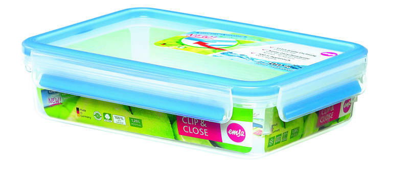 Rechteckige Frischhaltedose mit blauem Deckel und Clip-Verschluss, seitliche Perspektive