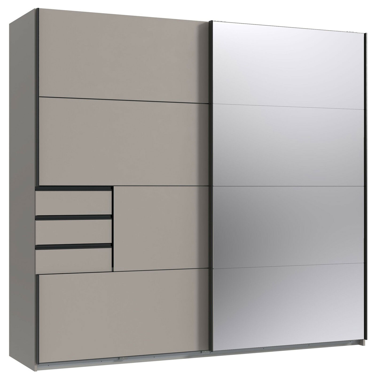 Z2 Schwebetürenschrank 2trg. SAIGON Moderner Schwebetürenschrank mit zwei Türen, eine davon mit Spiegel, in seitlicher Perspektive.