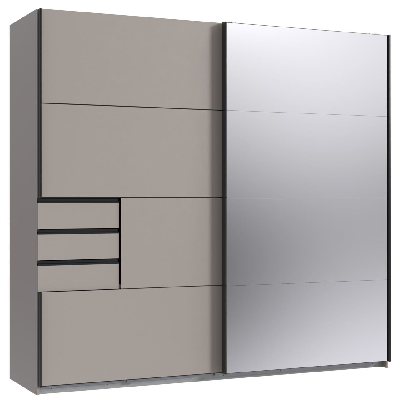 Z2 Schwebetürenschrank 2trg. SAIGON Moderner Schwebetürenschrank mit zwei Türen, eine davon mit Spiegel, in seitlicher Perspektive.