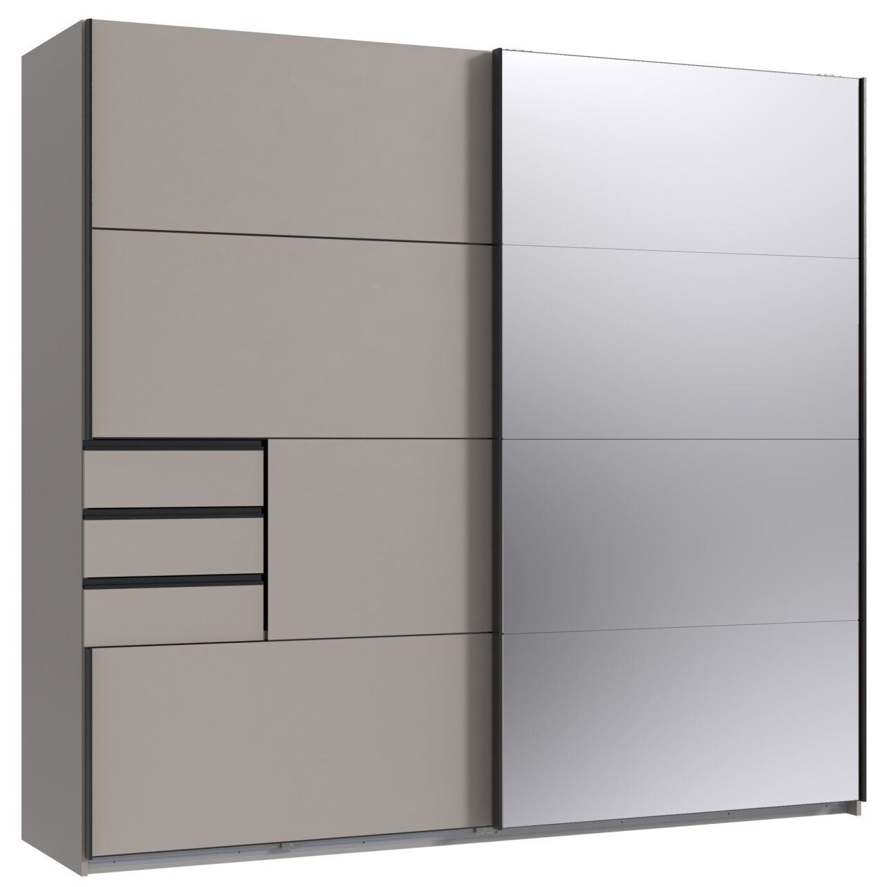 Moderner Schwebetürenschrank mit zwei Türen, eine davon mit Spiegel, in seitlicher Perspektive.