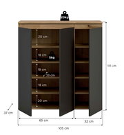 Frontansicht eines zweitürigen Schranks in Holzoptik mit dunkelgrauen Türen, geöffneten Fächern und Maßangaben (105 × 37 × 111 cm) sowie Belastbarkeit 20 kg oben und 5 kg pro Fach