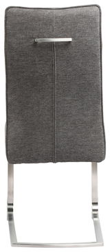 Rückansicht eines grauen Freischwingers mit Metallgestell und Griff an der Rückenlehne