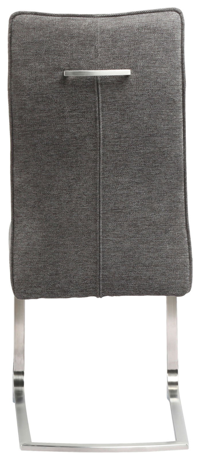 Rückansicht eines grauen Freischwingers mit Metallgestell und Griff an der Rückenlehne