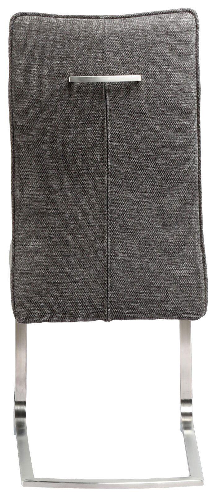 Rückansicht eines grauen Freischwingers mit Metallgestell und Griff an der Rückenlehne