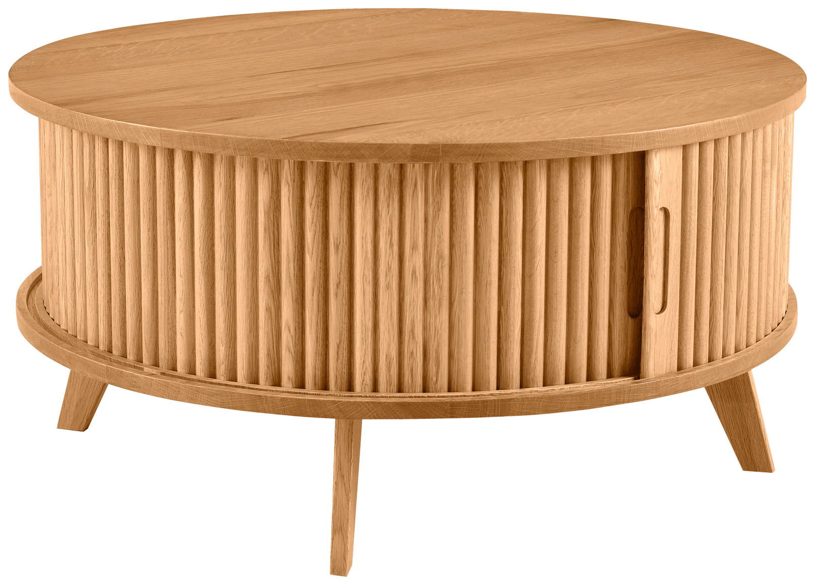 Runder Couchtisch aus Holz mit geriffelter Oberfläche und schrägen Beinen, seitliche Perspektive