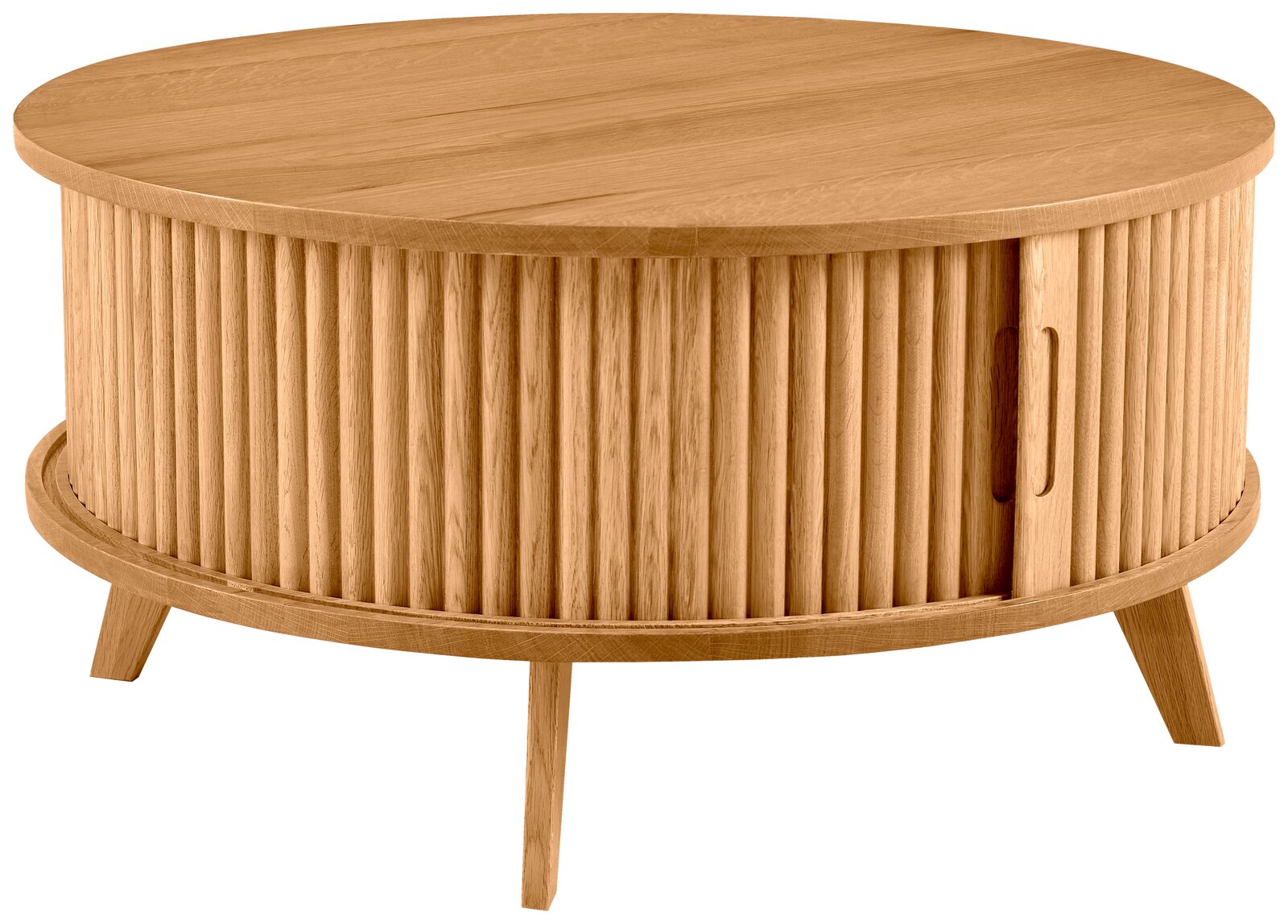 Waldwelt Couchtisch LINDA Runder Couchtisch aus Holz mit geriffelter Oberfläche und schrägen Beinen, seitliche Perspektive