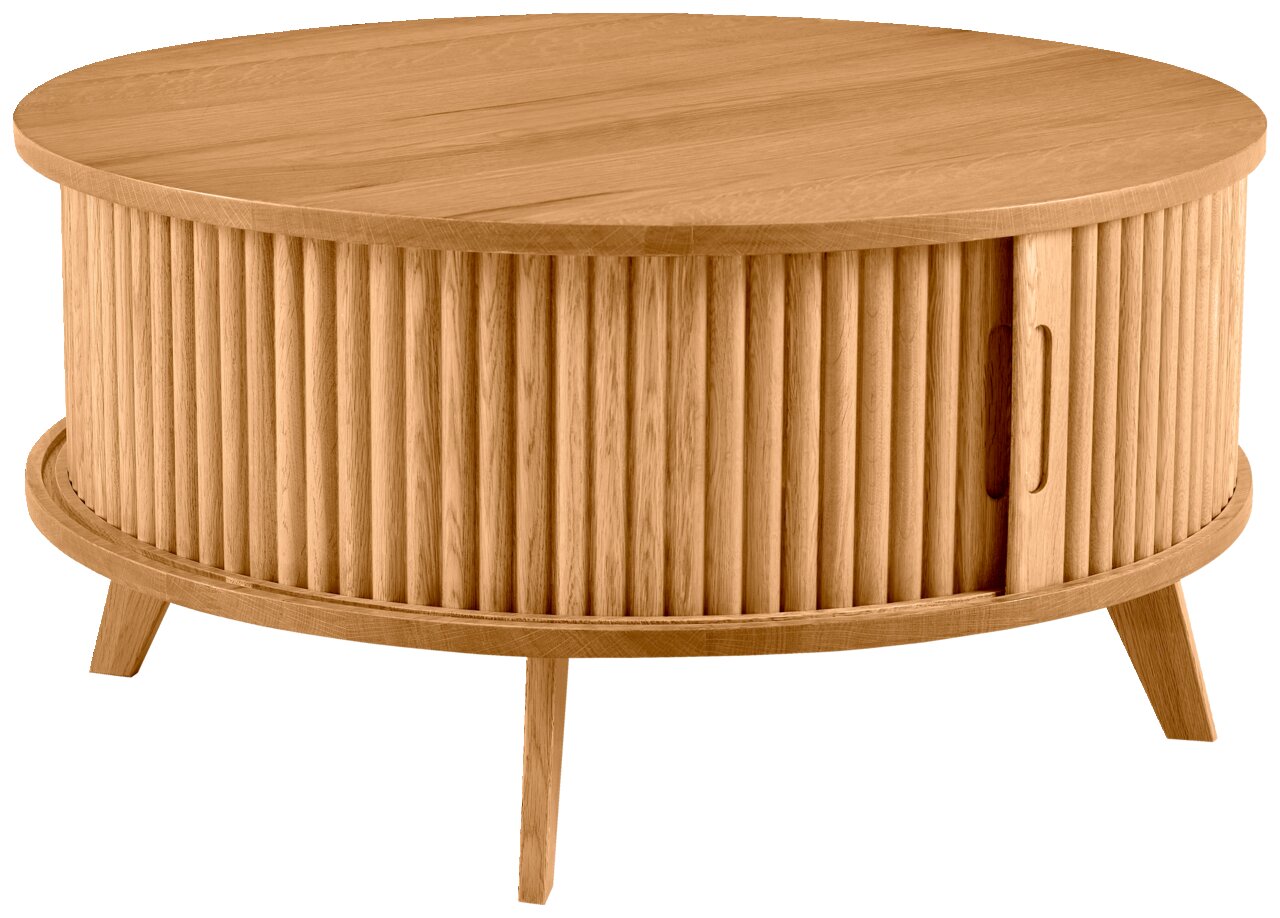 Runder Couchtisch aus Holz mit geriffelter Oberfläche und schrägen Beinen, seitliche Perspektive