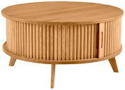 Runder Couchtisch aus Holz mit geriffelter Oberfläche und schrägen Beinen, seitliche Perspektive