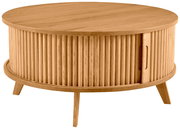 Runder Couchtisch aus Holz mit geriffelter Oberfläche und schrägen Beinen, seitliche Perspektive