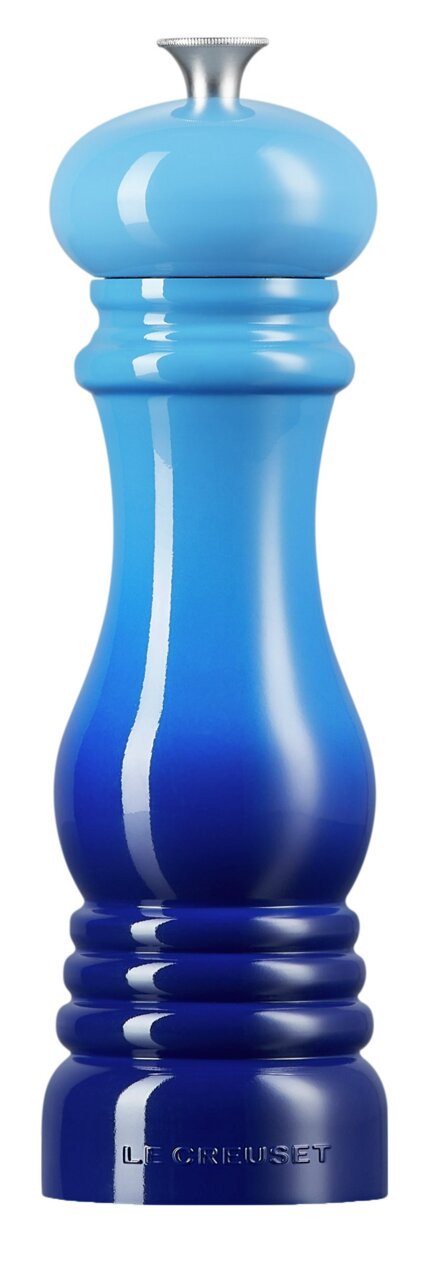 Blaue Pfeffermühle aus Keramik, Vorderansicht, mit glänzender Oberfläche und silbernem Knopf.
