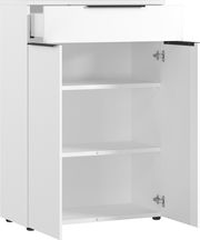 Weißer Aktenschrank mit offener Schublade und zwei offenen Türen, seitliche Perspektive