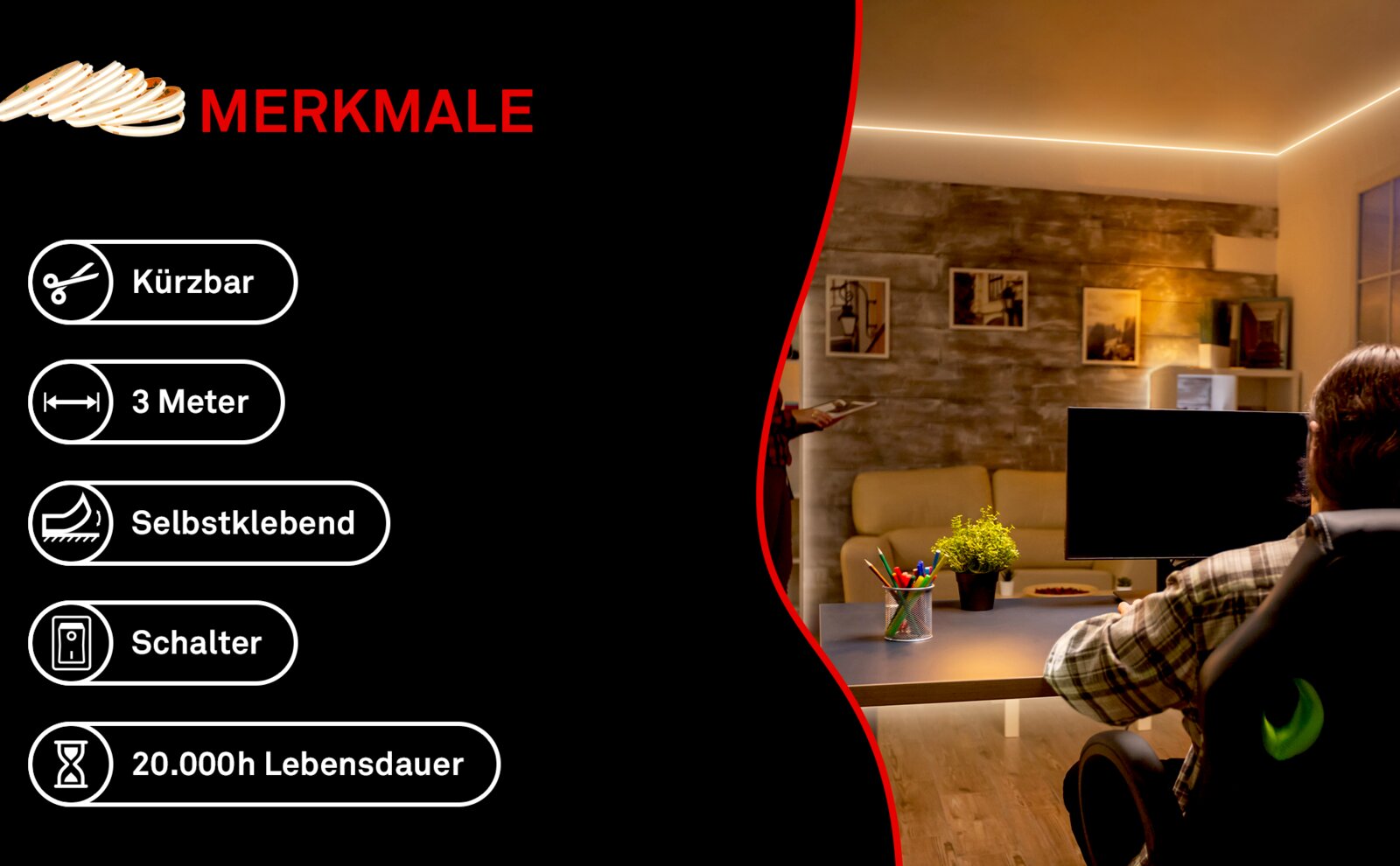 LED-Lichtband an der Zimmerdecke als indirekte Beleuchtung im Wohnzimmer, perspektivisch aus der Raumecke schräg nach oben auf die Deckenlinie fotografiert; links Feature-Icons: kürzbar, 3 Meter, selbstklebend, Schalter, 20.000 h Lebensdauer