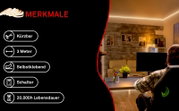 LED-Lichtband an der Zimmerdecke als indirekte Beleuchtung im Wohnzimmer, perspektivisch aus der Raumecke schräg nach oben auf die Deckenlinie fotografiert; links Feature-Icons: kürzbar, 3 Meter, selbstklebend, Schalter, 20.000 h Lebensdauer
