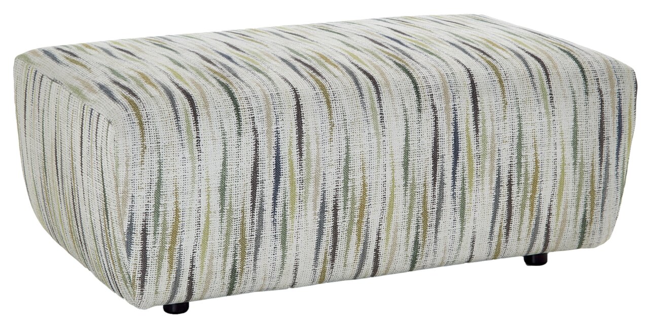 XXL-Hocker mit gestreiftem Stoffbezug in Grün- und Blautönen, seitliche Perspektive