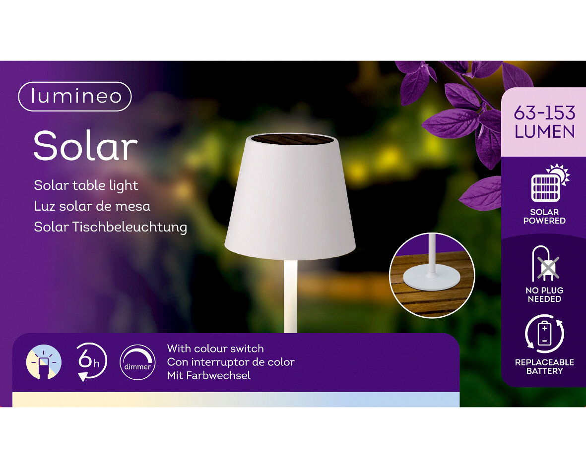 Solar Tischleuchte mit weißem Schirm, solarbetrieben, keine Steckdose nötig, austauschbare Batterie, mit Farbwechsel, seitliche Perspektive