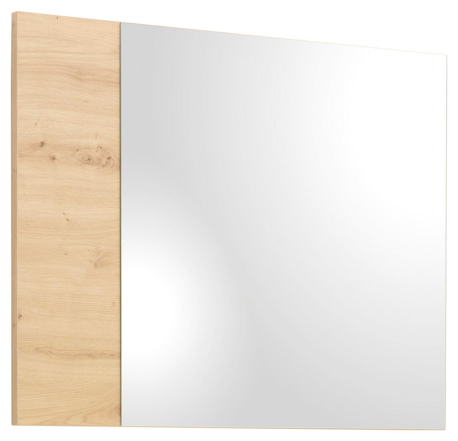 Moderner Wandspiegel mit Holzrahmen, seitliche Perspektive
