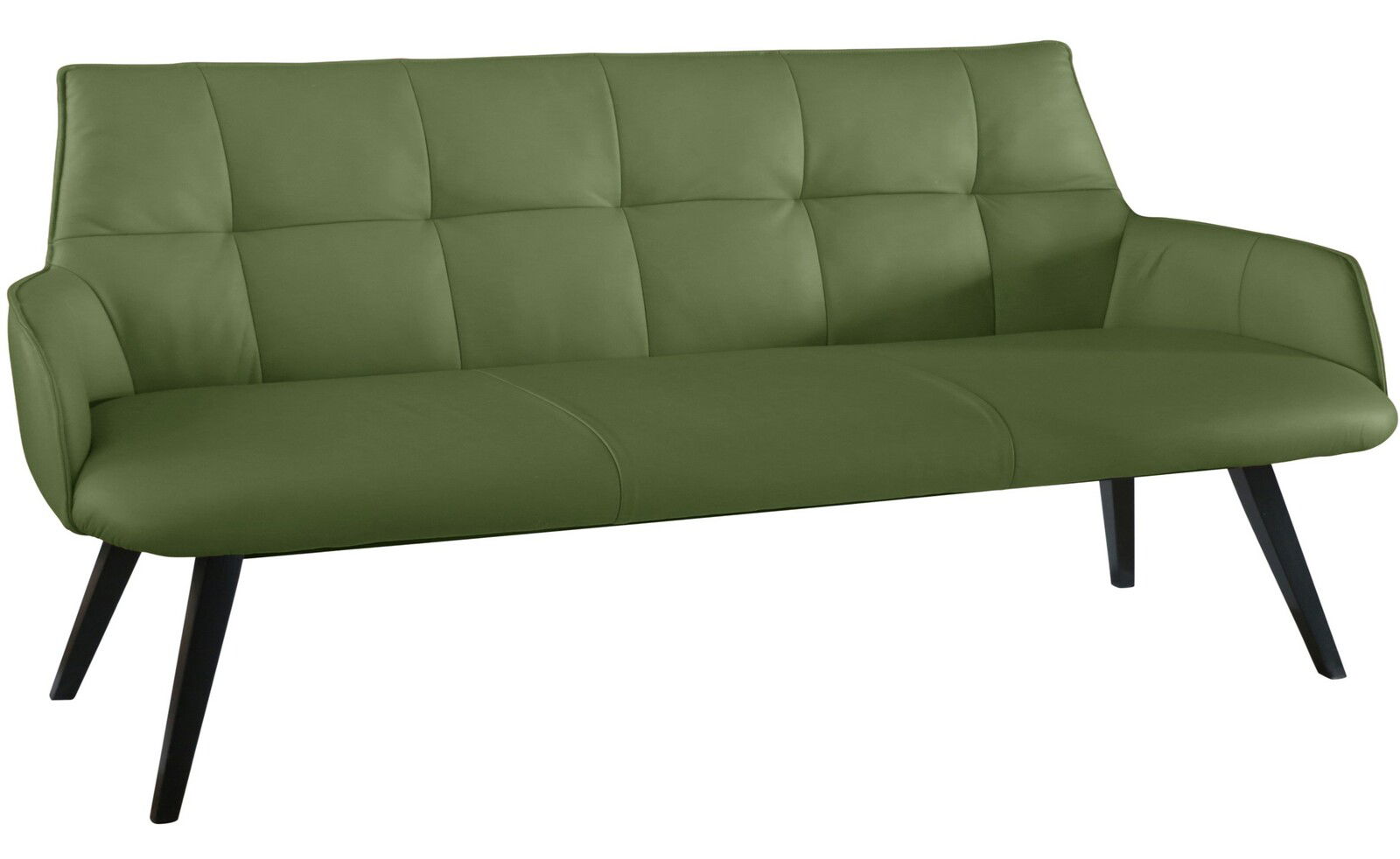 Grüne Bank mit gepolsterter Rückenlehne und schwarzen Beinen, seitliche Perspektive