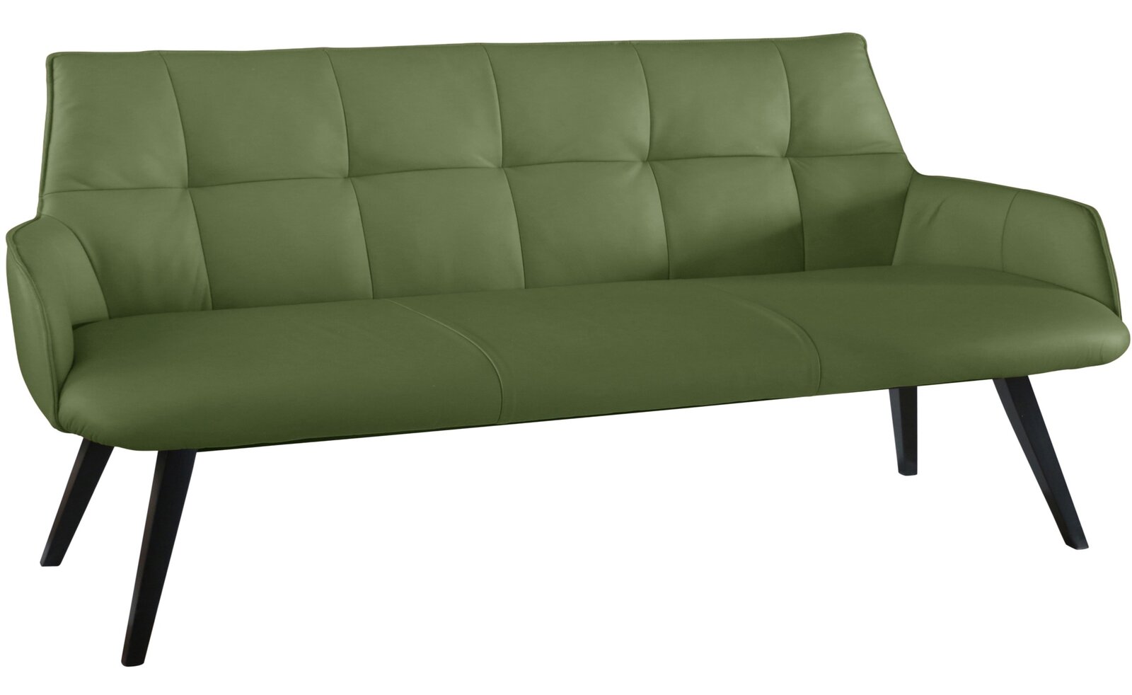 Novel Bank NIZZA Grüne Bank mit gepolsterter Rückenlehne und schwarzen Beinen, seitliche Perspektive
