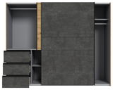 Schwebetürenschrank mit zwei Türen in Betonoptik, teilweise geöffnet, mit Schubladen und Regalfächern, Frontalansicht