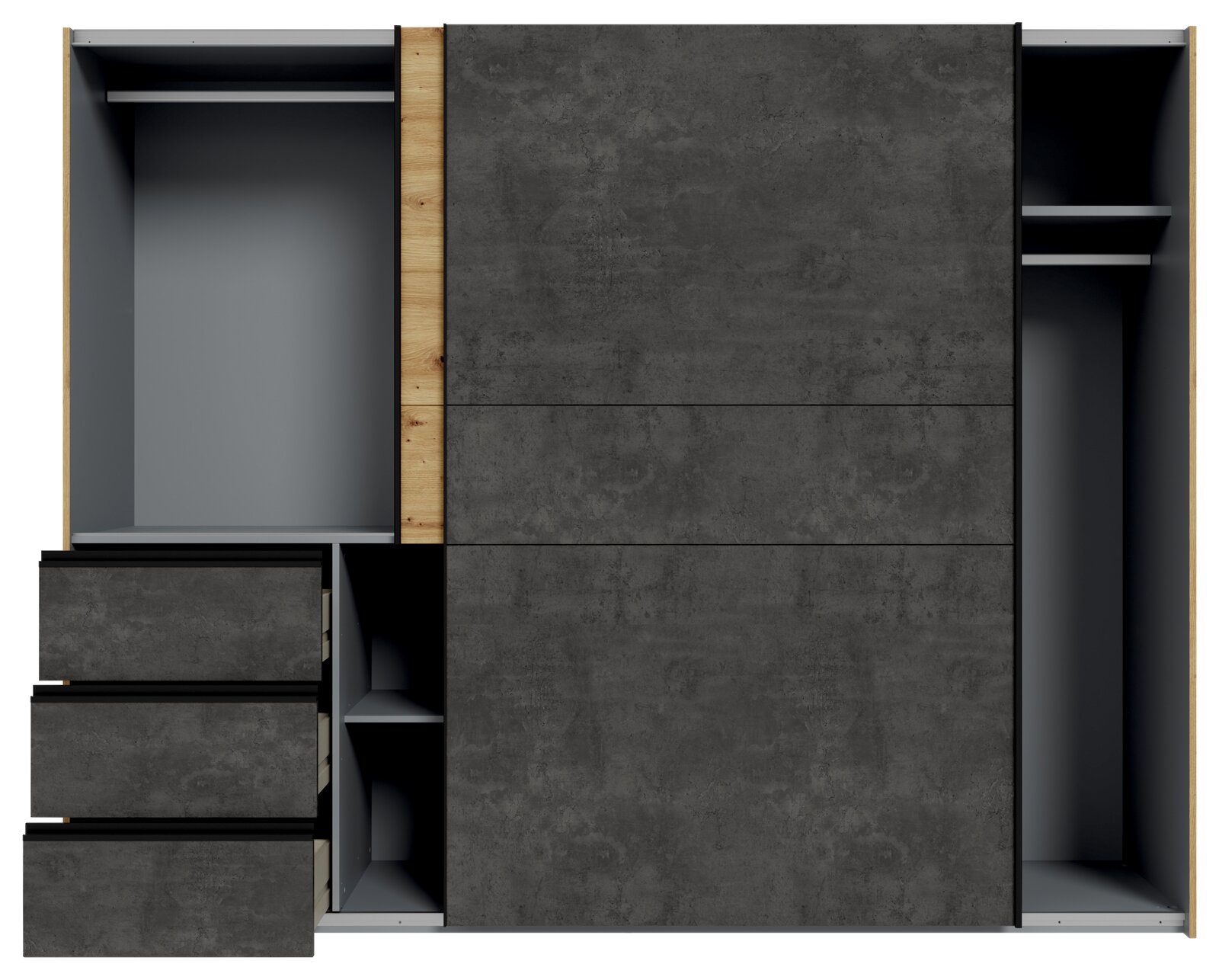 Schwebetürenschrank mit zwei Türen in Betonoptik, teilweise geöffnet, mit Schubladen und Regalfächern, Frontalansicht