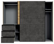 Schwebetürenschrank mit zwei Türen in Betonoptik, teilweise geöffnet, mit Schubladen und Regalfächern, Frontalansicht