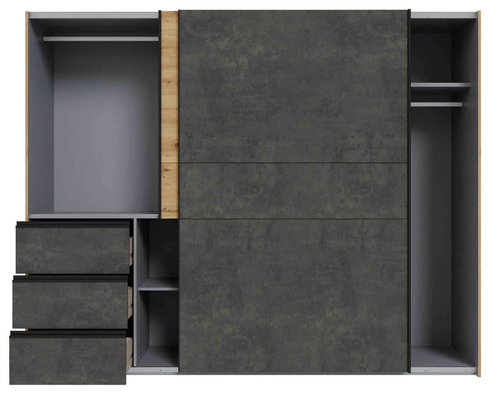 Schwebetürenschrank mit zwei Türen in Betonoptik, teilweise geöffnet, mit Schubladen und Regalfächern, Frontalansicht