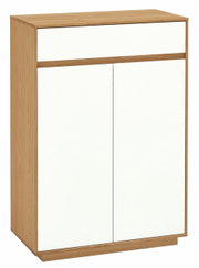 Moderner Schuhschrank aus Holz mit weißer Front, seitliche Perspektive