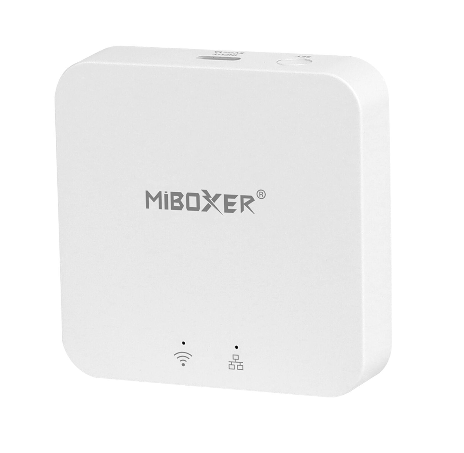Lucide Smart Gateway LINIAL Weißer MiBoxer WLAN-Bridge/Smart-Home-Gateway mit Status-LEDs, Vorderansicht leicht von oben auf weißem Hintergrund
