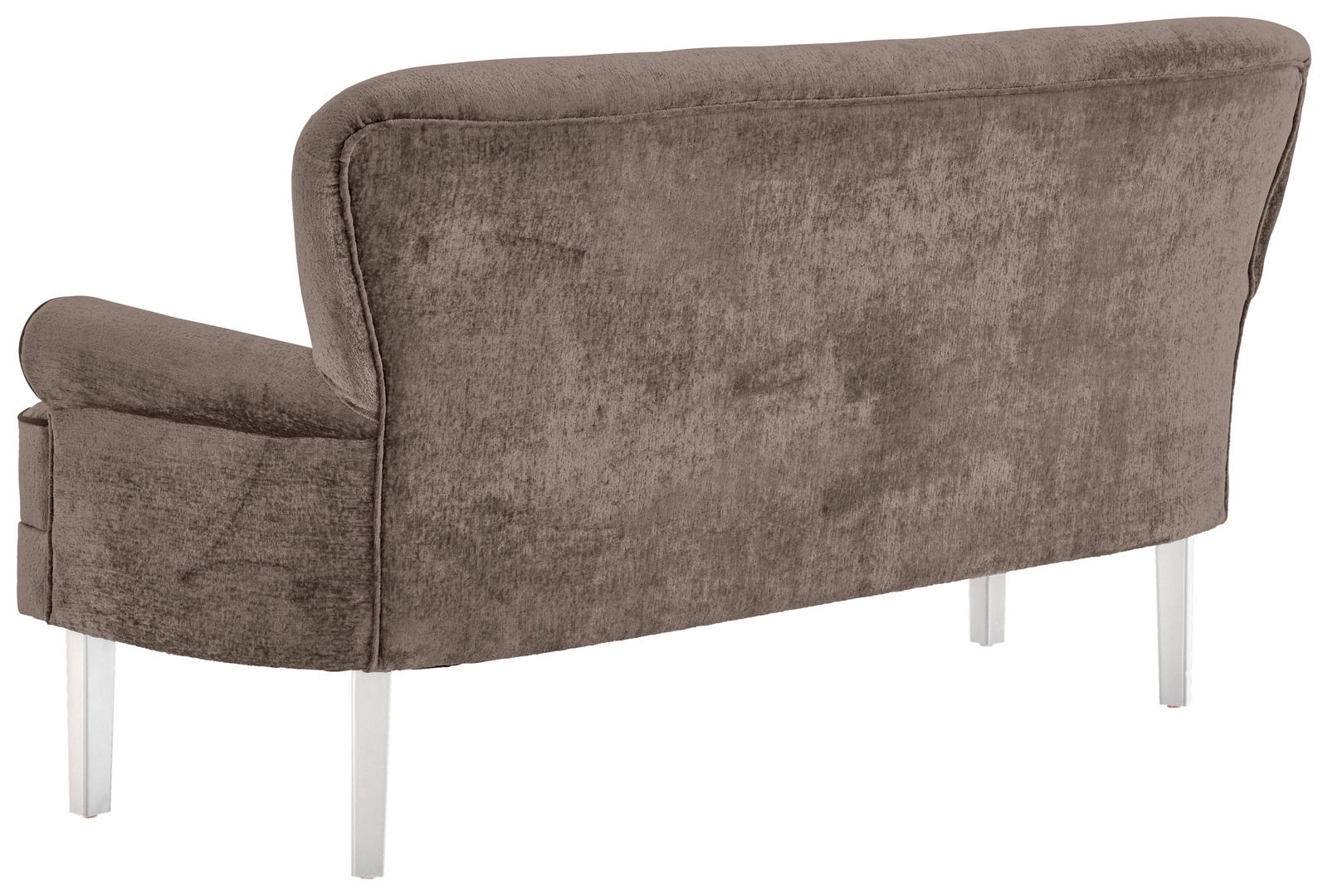 Rückansicht einer braunen Sitzbank mit silbernen Beinen