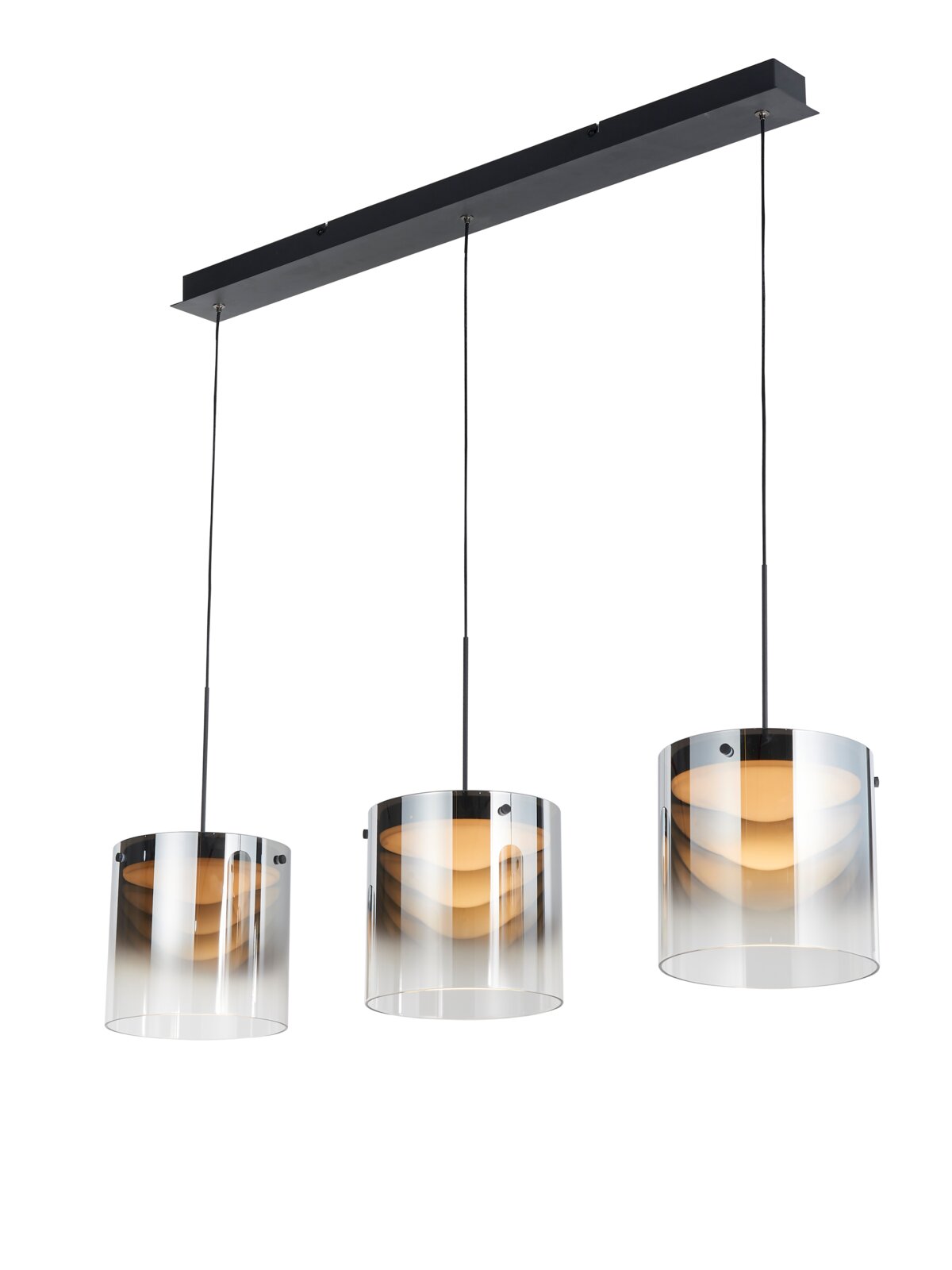 Dieter Knoll LED-Hängeleuchte Moderne LED-Hängeleuchte mit drei zylindrischen, transparenten Schirmen, von vorne betrachtet.