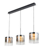 Moderne LED-Hängeleuchte mit drei zylindrischen, transparenten Schirmen, von vorne betrachtet.