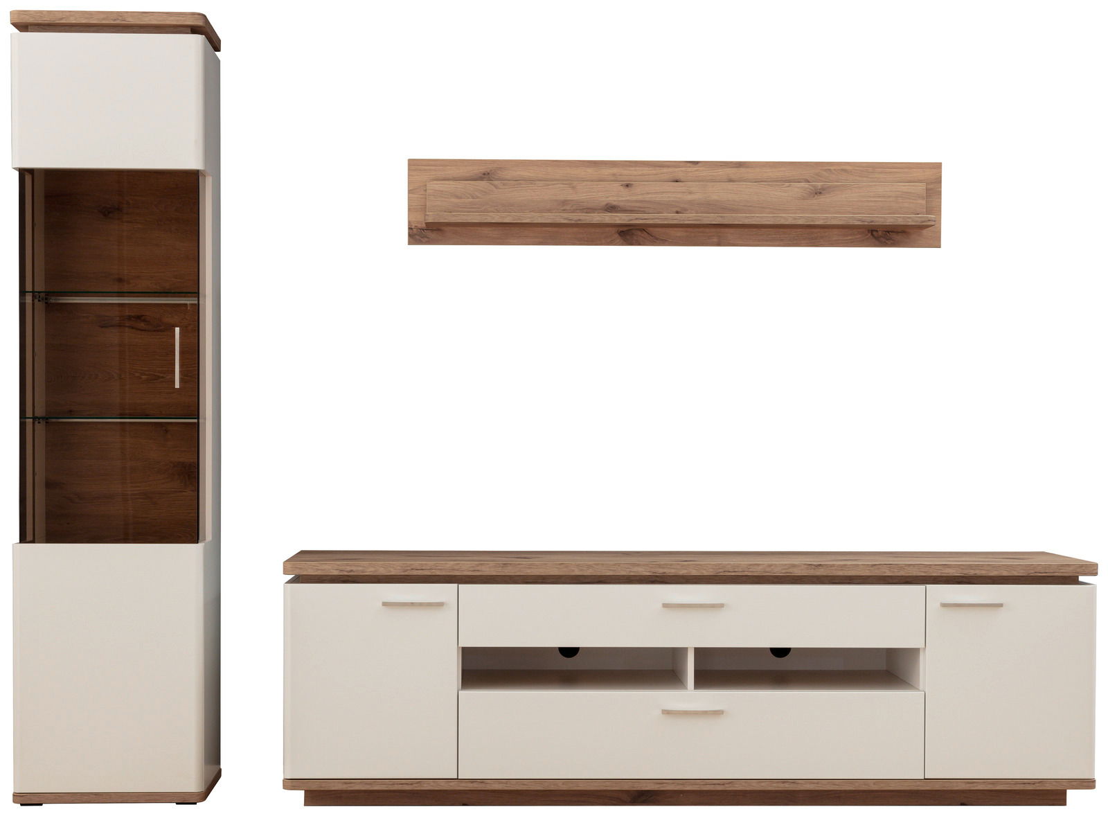 Stylife Wandkombination PALERMO Wandkombination in Holzoptik mit weißem Korpus, bestehend aus einem hohen Schrank mit Glastüren, einem langen TV-Board mit Schubladen und offenen Fächern sowie einem schmalen Wandregal. Frontalansicht.