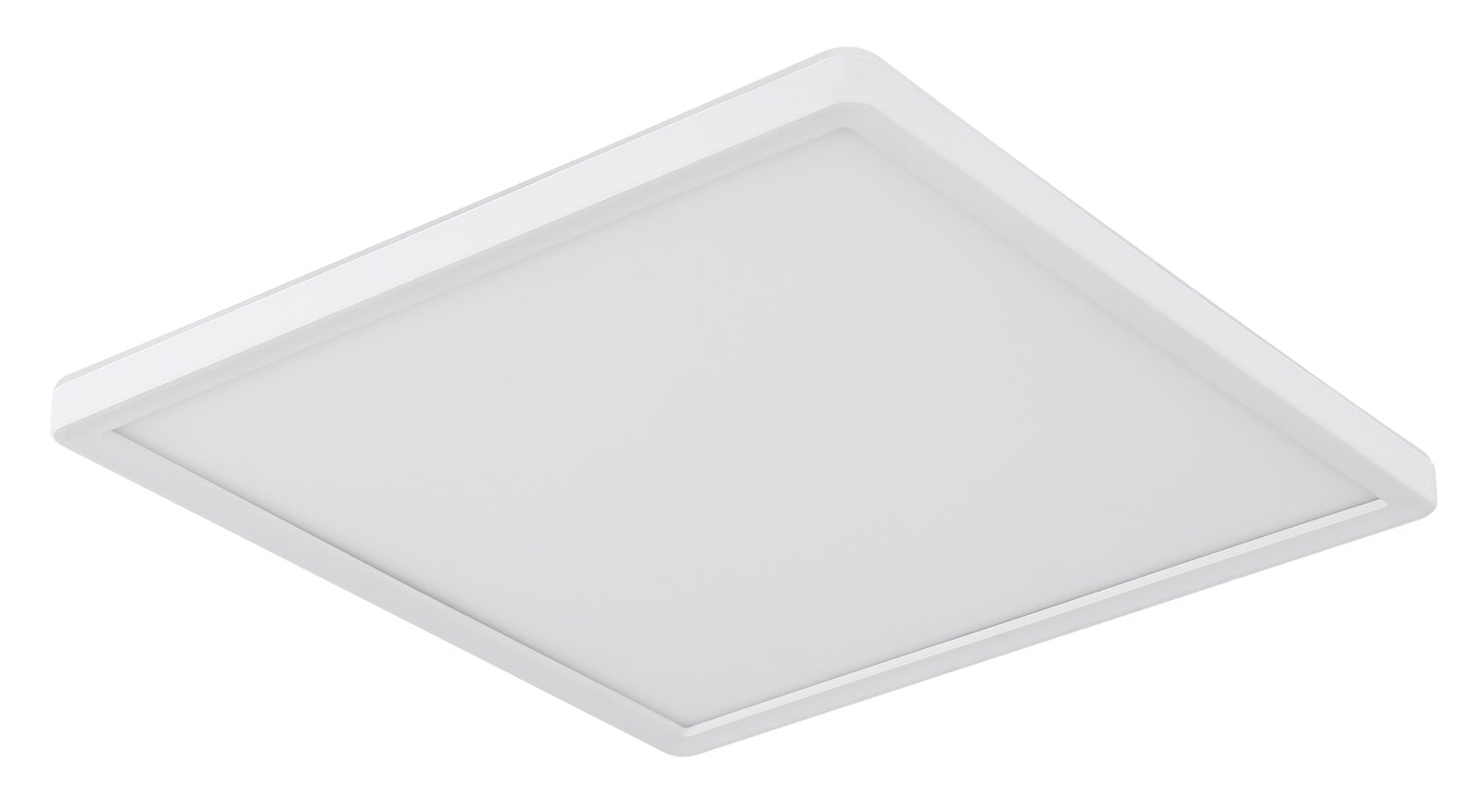 Quadratische, flache LED-Deckenleuchte in Weiß mit opaler Abdeckung, freigestellt, aus schräger Untersicht (3/4-Perspektive)