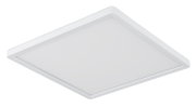 Quadratische, flache LED-Deckenleuchte in Weiß mit opaler Abdeckung, freigestellt, aus schräger Untersicht (3/4-Perspektive)