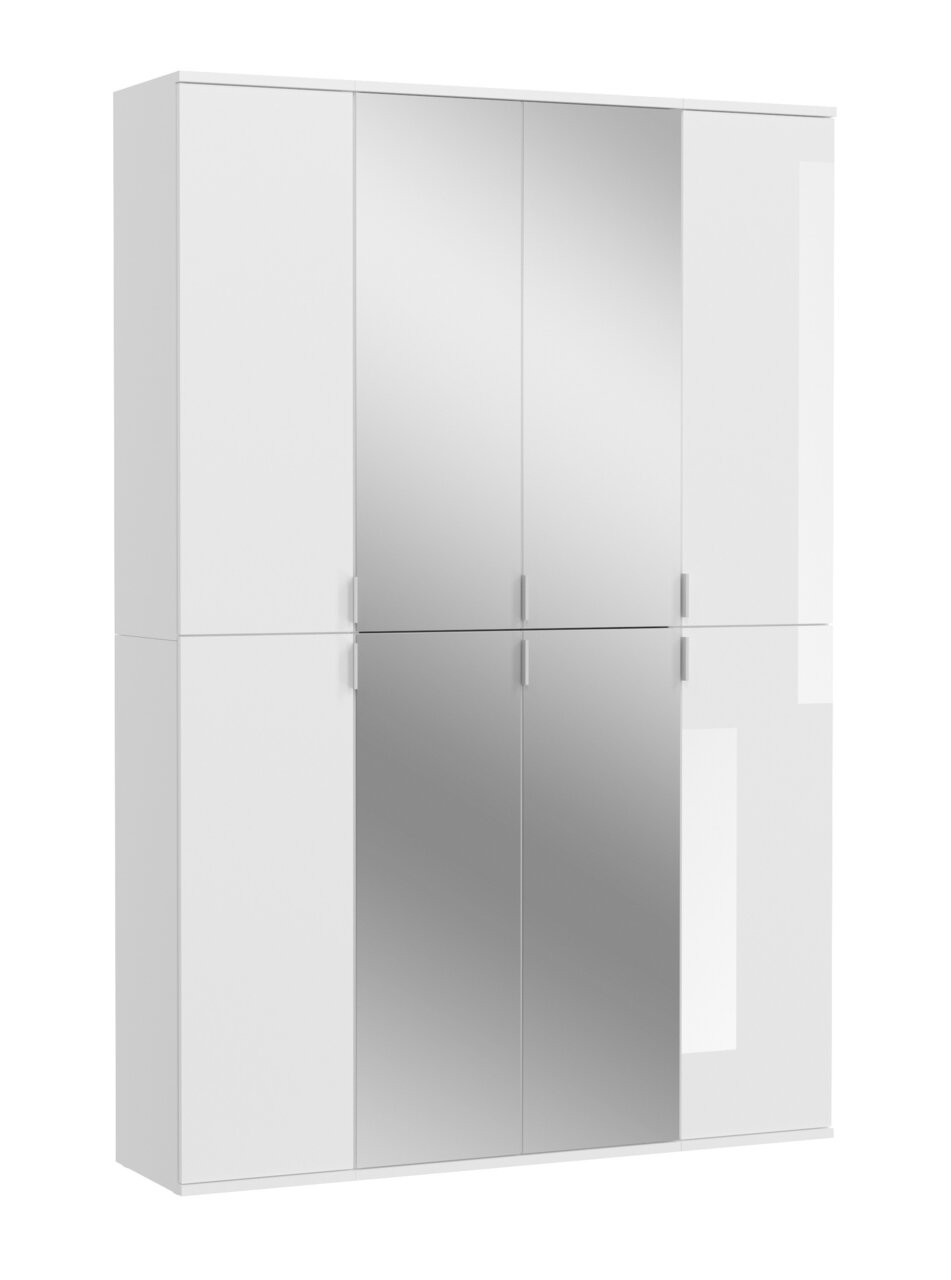 MID.YOU Garderobenschrankkombination PROJEKT X Weiße Garderobenkombination mit mehreren Türen, teilweise mit Spiegeln, aus frontaler Perspektive.