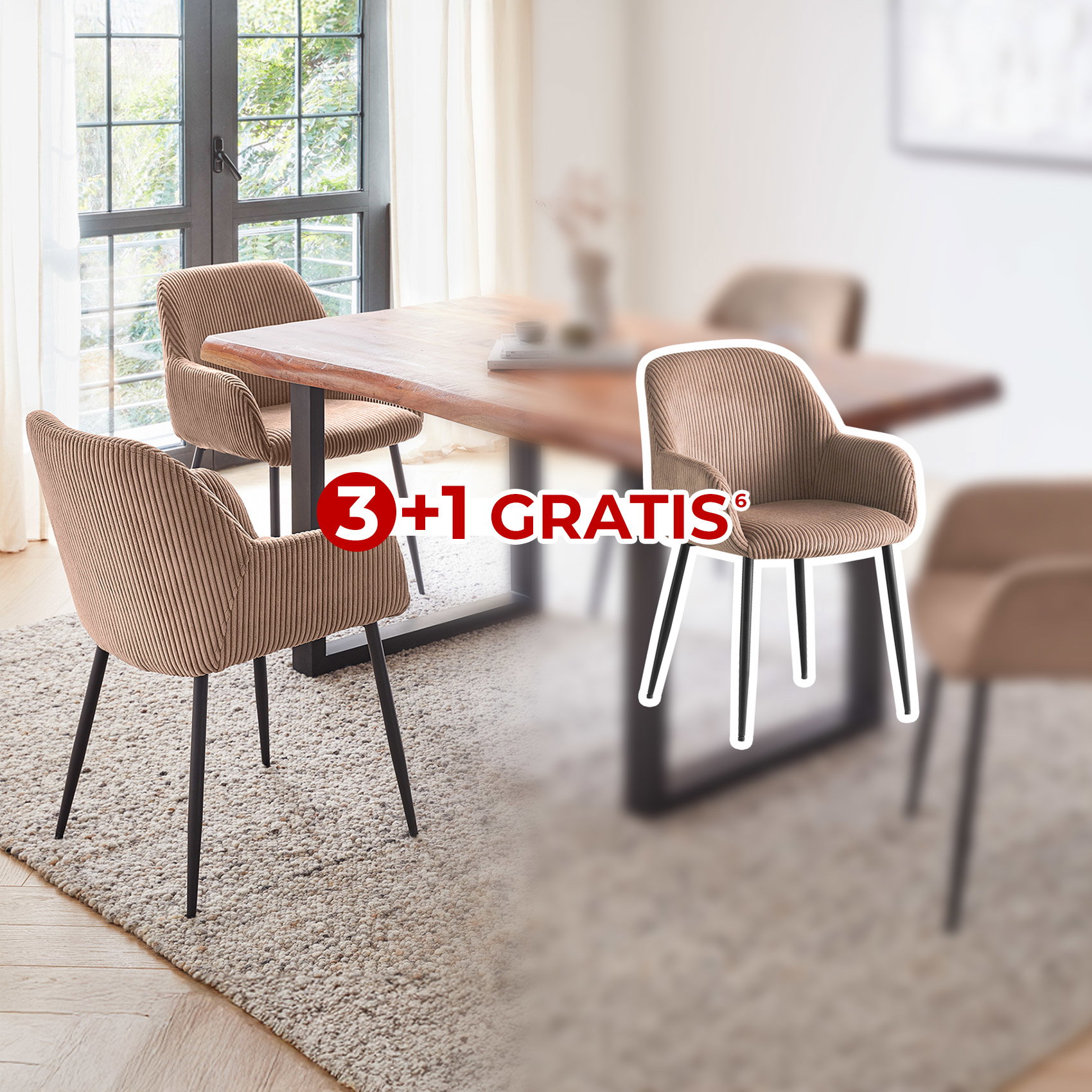 Moderner Essbereich mit gepolsterten Drehstühlen, 3+1 Gratis-Aktion hervorgehoben