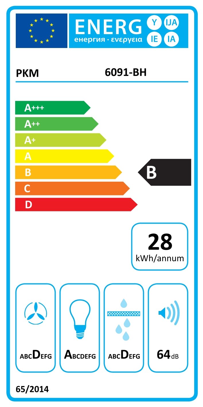 EU-Energielabel für PKM 6091-BH in Frontalansicht: Energieeffizienzklasse B, Jahresverbrauch 28 kWh/annum, Geräuschpegel 64 dB, zusätzliche Piktogramme für Effizienzklassen.
