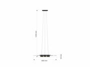 Zijaanzicht van de hanglamp Lannion met drie hangende lampen, 1200 mm hoog en 600 mm breed.