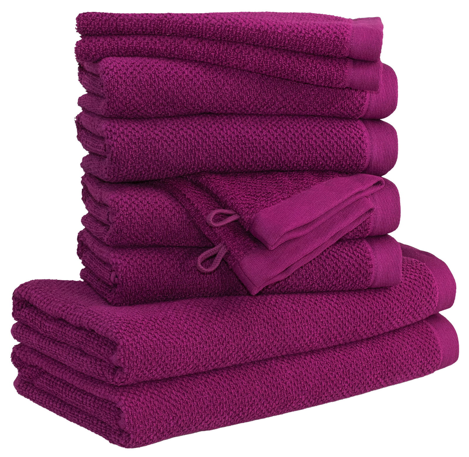 MÖVE Handtuchset 10-tlg. BLISS Ein Stapel aus zehn lila Handtüchern in verschiedenen Größen, von der Seite betrachtet.