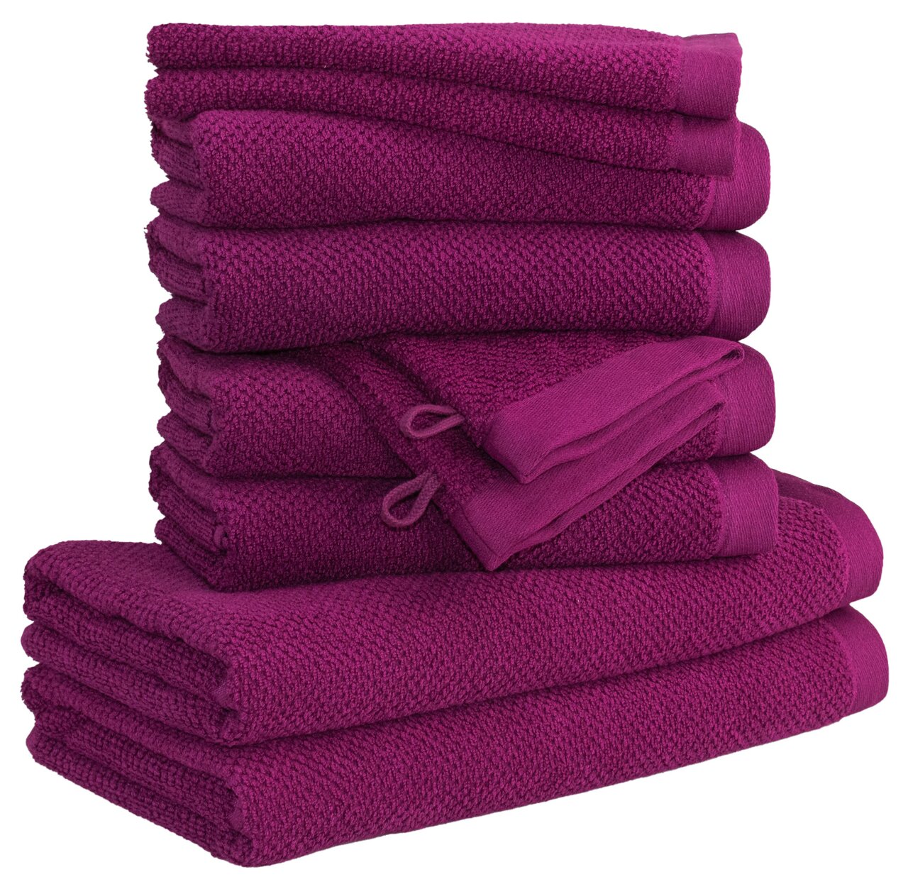 MÖVE Handtuchset 10-tlg. BLISS Ein Stapel aus zehn lila Handtüchern in verschiedenen Größen, von der Seite betrachtet.