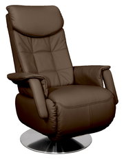Brauner TV-Sessel aus Leder mit verstellbarer Rückenlehne und drehbarem Metallfuß, seitliche Perspektive
