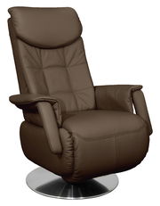 Brauner TV-Sessel aus Leder mit verstellbarer Rückenlehne und drehbarem Metallfuß, seitliche Perspektive