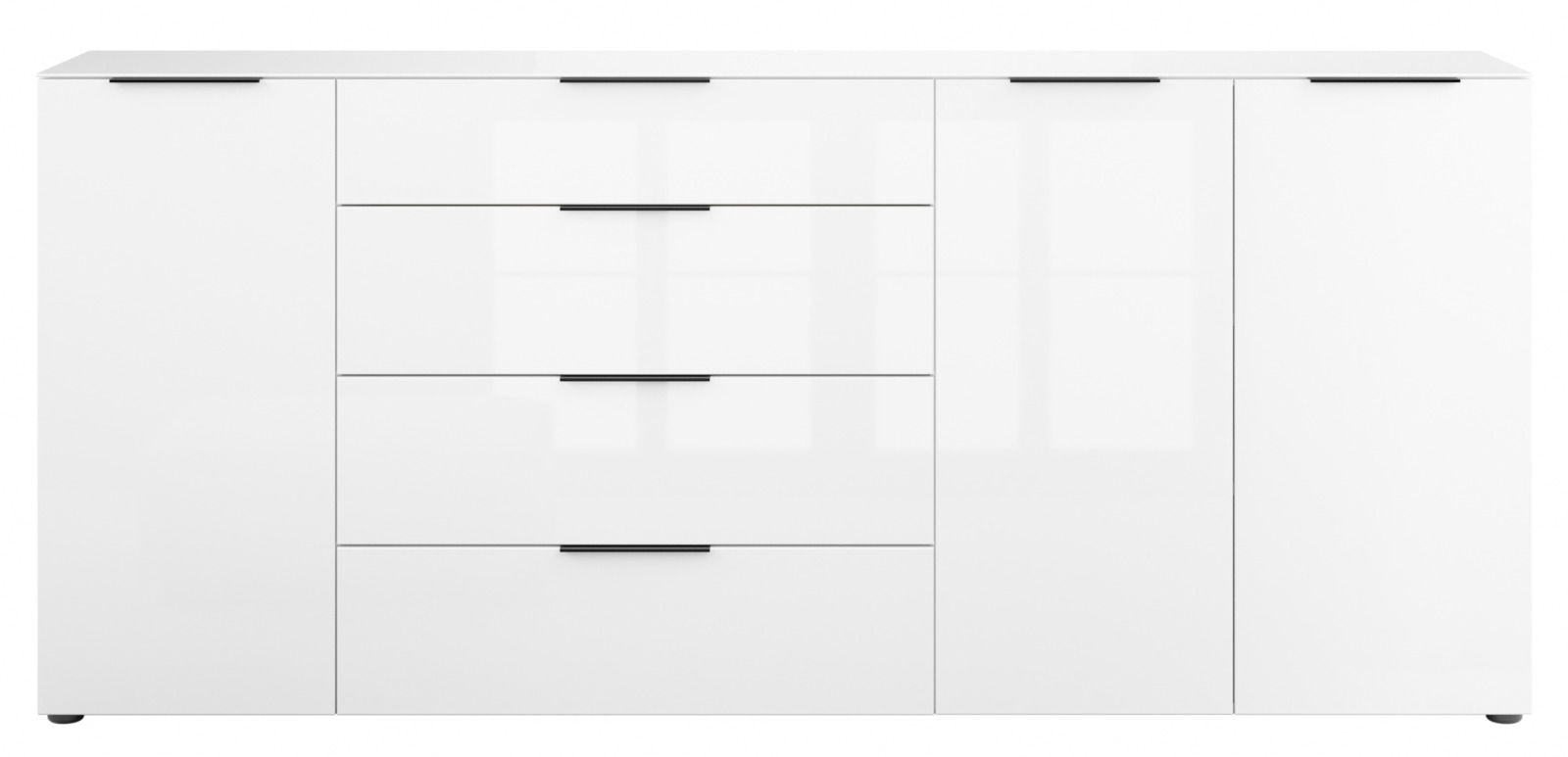Weißes XXL-Sideboard mit zwei Türen und vier Schubladen, frontale Ansicht