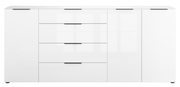 Weißes XXL-Sideboard mit zwei Türen und vier Schubladen, frontale Ansicht