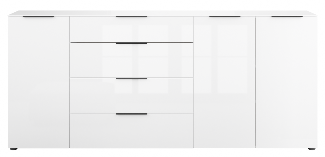 Weißes XXL-Sideboard mit zwei Türen und vier Schubladen, frontale Ansicht