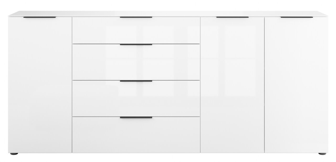 Weißes XXL-Sideboard mit zwei Türen und vier Schubladen, frontale Ansicht